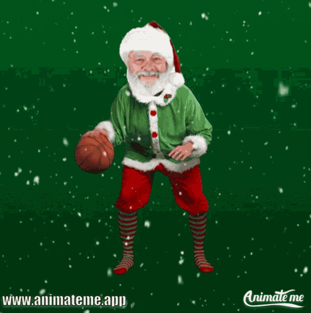 a cartoon of santa claus holding a basketball with the website www.animateme.app at the bottom