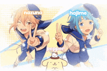 two anime characters nazuma and hajime are standing next to a pompompurin