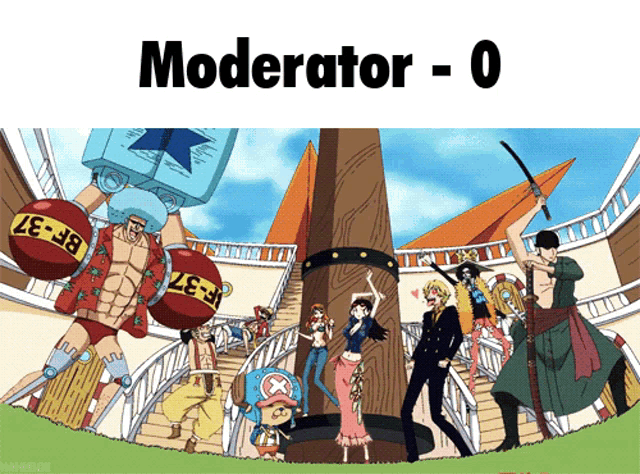 a poster of a group of anime characters with the words " moderator - 0 " on top