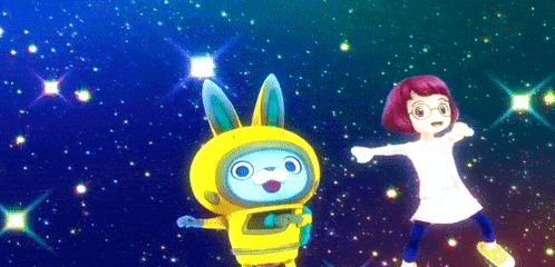 a girl stands next to a cartoon character in a space suit