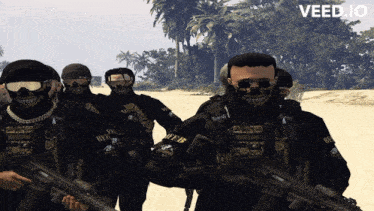 a group of soldiers wearing skull masks and holding guns with the words veed.io below them