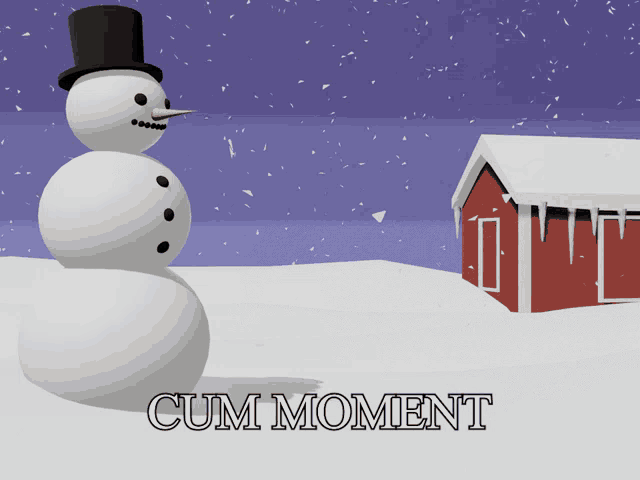 a snowman with a top hat stands in the snow with the words cum moment below him