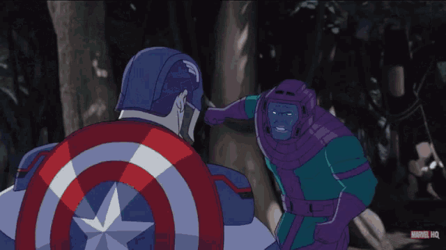 a cartoon of captain america and kang the conqueror fighting