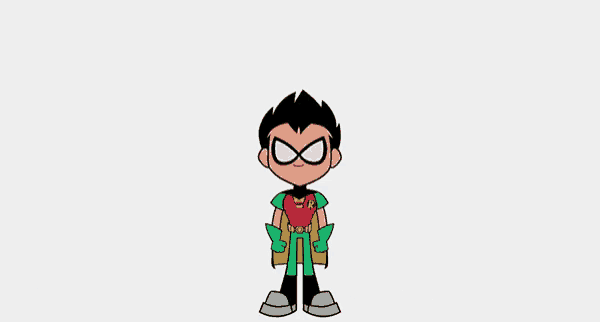 robin is a cartoon character from teen titans go and is wearing a red and green costume .