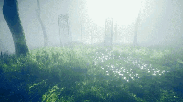 a foggy forest with trees and flowers in the foreground and a gravestone in the background
