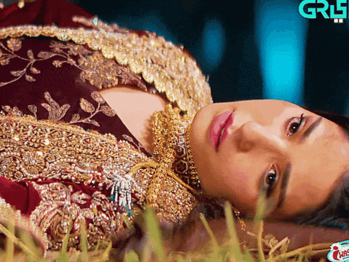 a woman in a red and gold dress laying on the grass