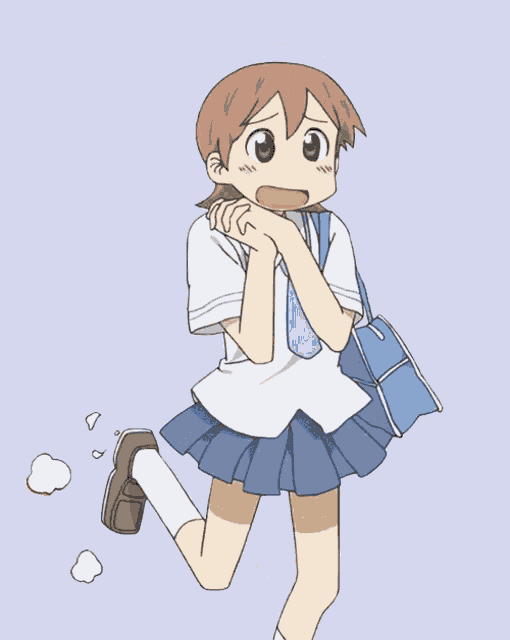 a girl in a school uniform is running with a blue bag on her shoulder