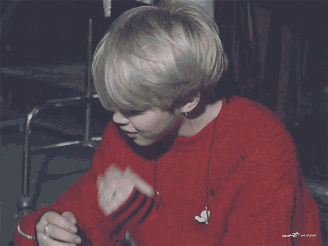 a person wearing a red jacket with a zipper on it