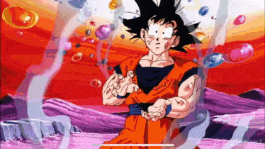 goku from dragon ball z is standing in front of a colorful background with bubbles coming out of him .