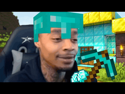 a man wearing a diamond helmet is holding a pickaxe