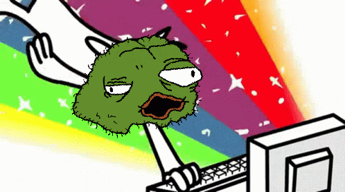a cartoon of a frog with a rainbow behind him
