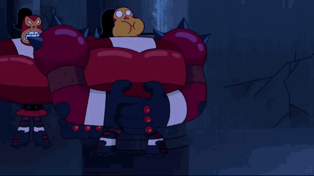 a cartoon drawing of a red monster with spikes on his arms