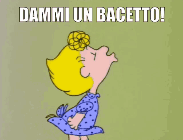 a cartoon of a girl with a flower in her hair says dammi un bacette
