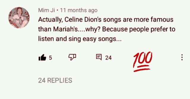 a screenshot of a facebook post that says " actually celine dion 's songs are more famous than mariahs "