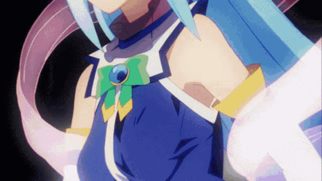 a close up of a girl with blue hair and a green bow on her chest