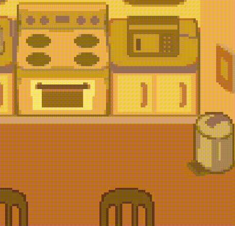 a pixel art illustration of a kitchen with a stove , microwave , cabinets and a trash can .