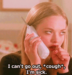 a woman coughing while talking on a cell phone with the caption i can 't go out