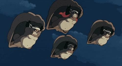 a bunch of cartoon characters are flying in the air