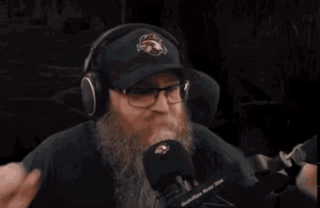 a man with a beard wearing headphones and a hat with a horse on it giving the middle finger