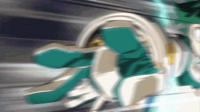 a blurry picture of a person in a green and white costume