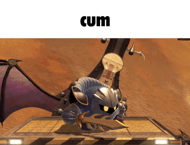 a cartoon character with a sword and the word cum below him