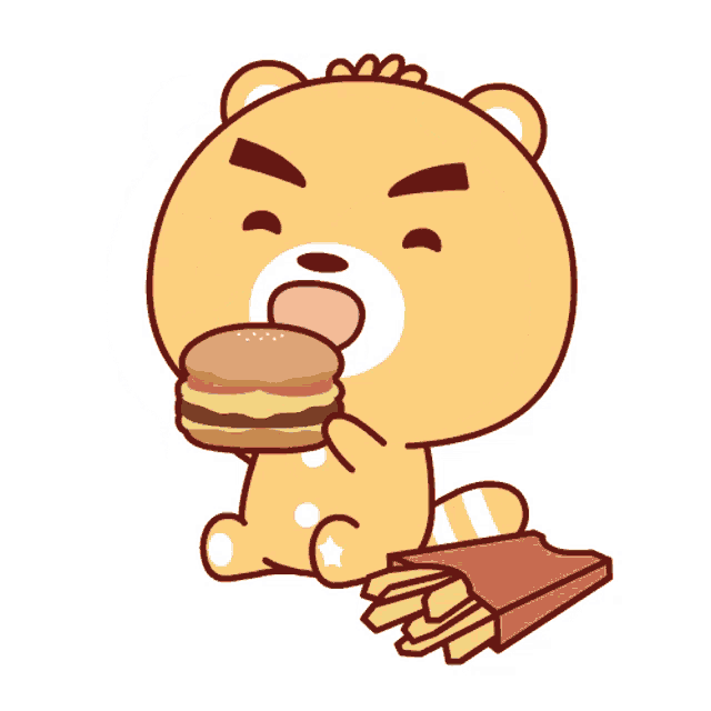 a cartoon of a bear eating a hamburger and french fries