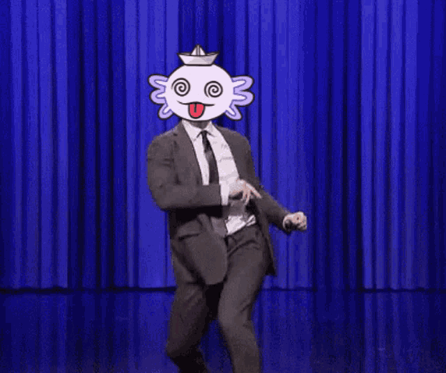 a man in a suit and tie is dancing with an axolotl on his head .