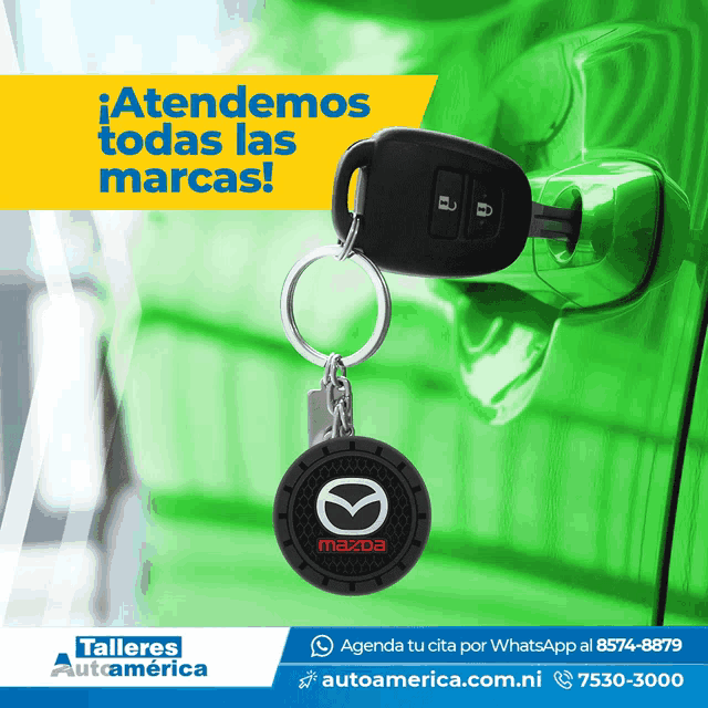 an advertisement for talleres autoamerica shows a keychain with a mazda logo on it