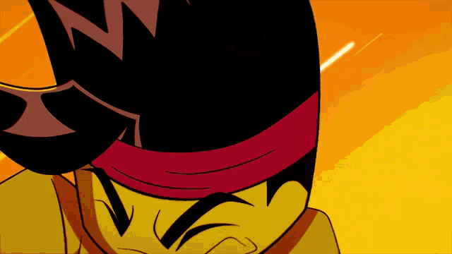 a close up of a cartoon character with a red headband