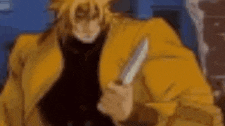 dio from jojo 's bizarre adventure is holding a knife in his hand in a blurry image .