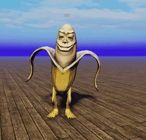 a banana with a face is standing on a wooden floor with the word lol above it