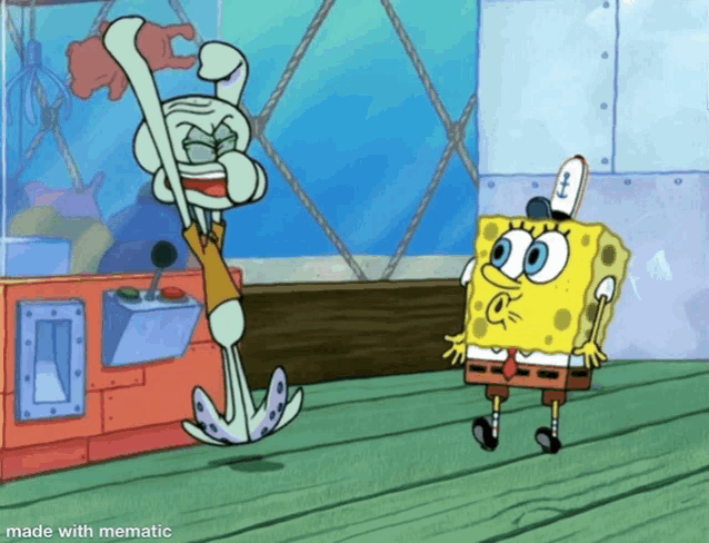 a cartoon of spongebob and squidward from spongebob squarepants standing next to each other