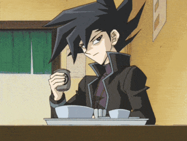 a cartoon character is holding a can of soda and a tray of food