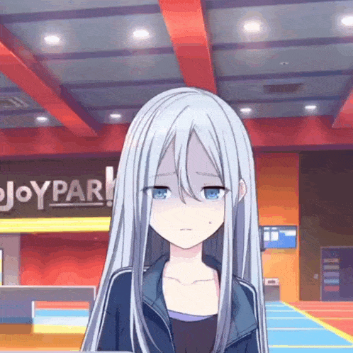 a girl with long white hair and blue eyes is standing in front of a joy park sign .