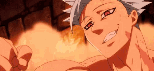 ban from the seven deadly sins is smiling while standing in front of a fireplace .