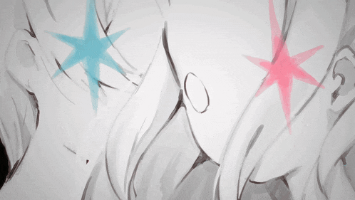 a black and white drawing of a girl with a blue star on her forehead