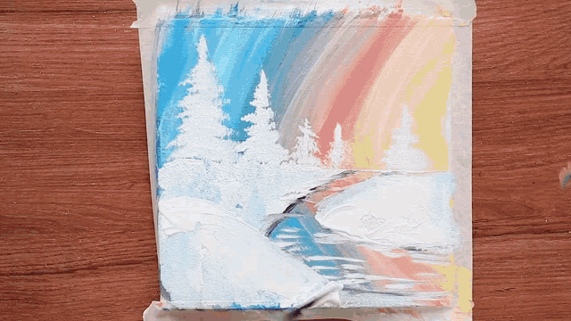 a painting of a snowy landscape with a river and trees