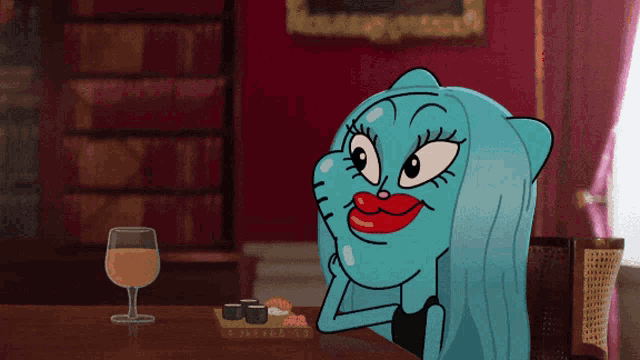 a cartoon character is sitting at a table with a glass of wine and sushi