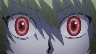 a close up of a person 's eyes with red eyes in a anime .