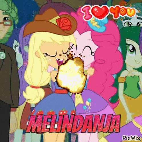 a cartoon of applejack and pinkie pie kissing with the words i love you mellindana