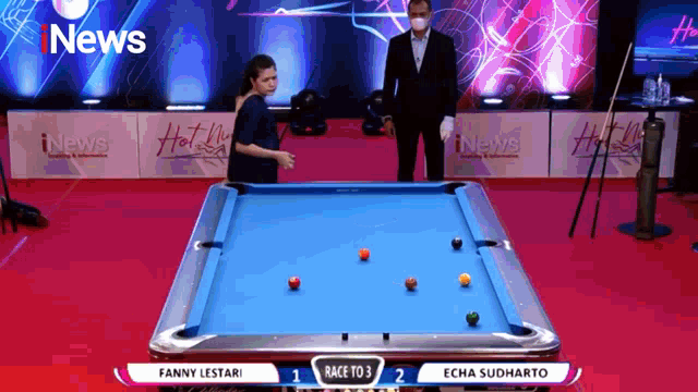 fanny lestari is playing pool against echa sudharto in the race to 3