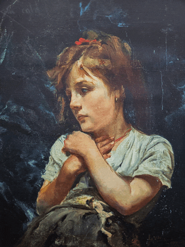 a painting of a girl with her hands on her chest
