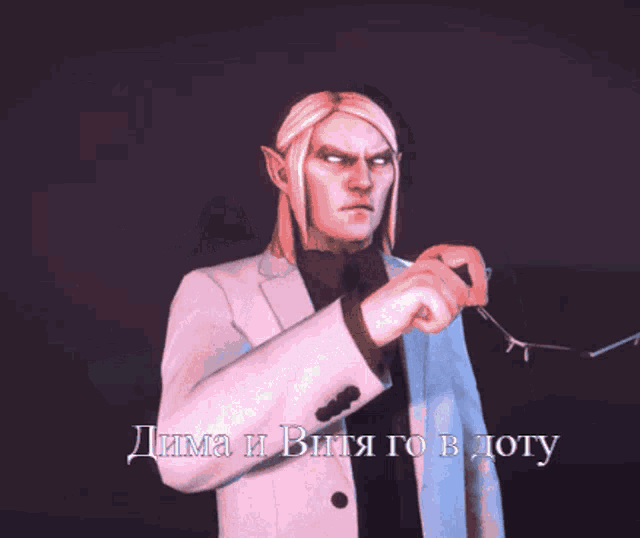 a man in a white suit adjusts his glasses with a foreign language caption