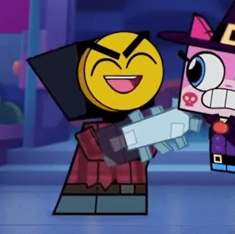 a cartoon character is holding a gun next to a cartoon character with a smiley face .