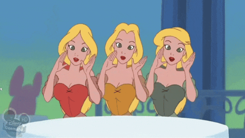 three cartoon girls are standing next to each other with disney animated on the bottom left