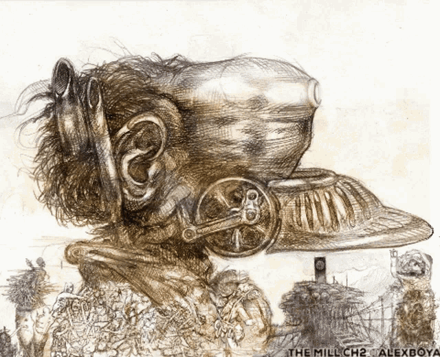 a drawing of a man with a hat and the words the millch2 alexboya on the bottom
