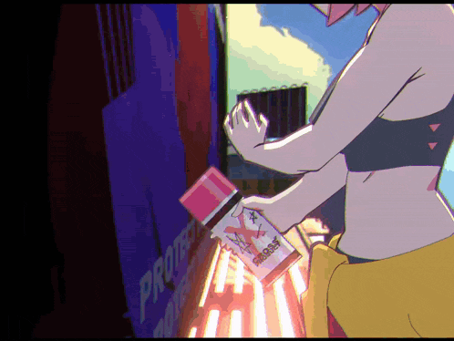 a cartoon drawing of a girl holding a bottle that says x-cross