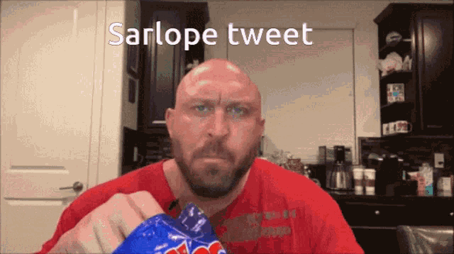 a bald man with a beard is holding a bag of chips and the caption sarlope tweet is above him