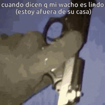 a person holding a gun with the words cuando dicen q mi wacho es lindo ( estoy afuera de su casa )