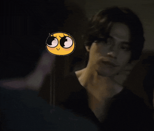 a close up of a person 's face with a smiley face behind them